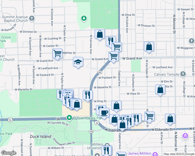 map of restaurants, bars, coffee shops, grocery stores, and more near 1101 North Wilder Avenue in Decatur