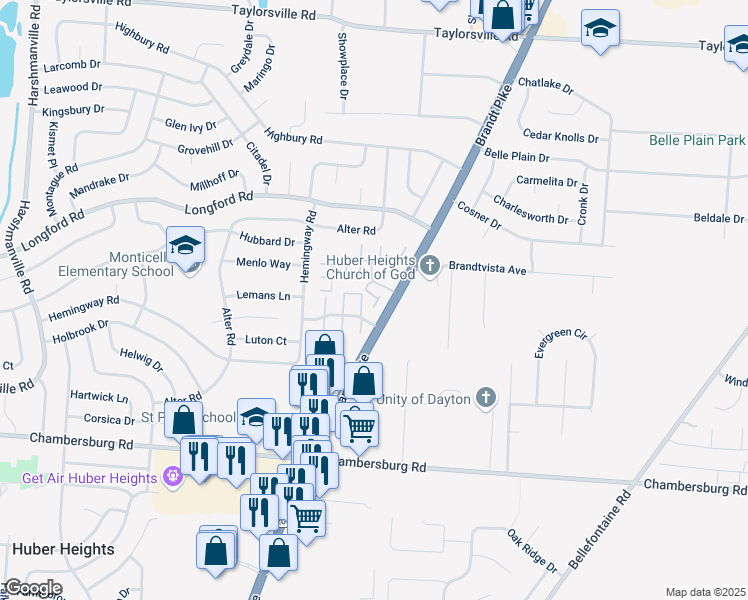 map of restaurants, bars, coffee shops, grocery stores, and more near 6739 Wendy Sue Street in Dayton