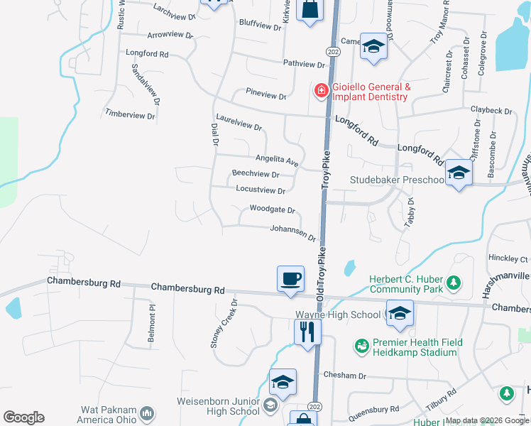 map of restaurants, bars, coffee shops, grocery stores, and more near 5430 Woodgate Drive in Dayton