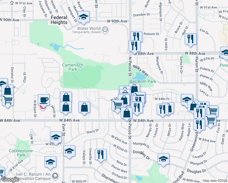 map of restaurants, bars, coffee shops, grocery stores, and more near 7005 West 85th Avenue in Denver