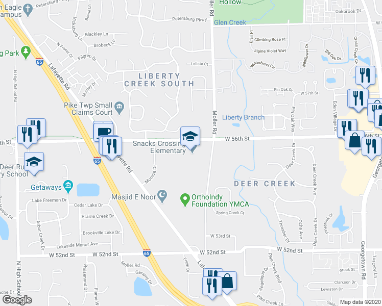 map of restaurants, bars, coffee shops, grocery stores, and more near 5455 West 56th Street in Indianapolis