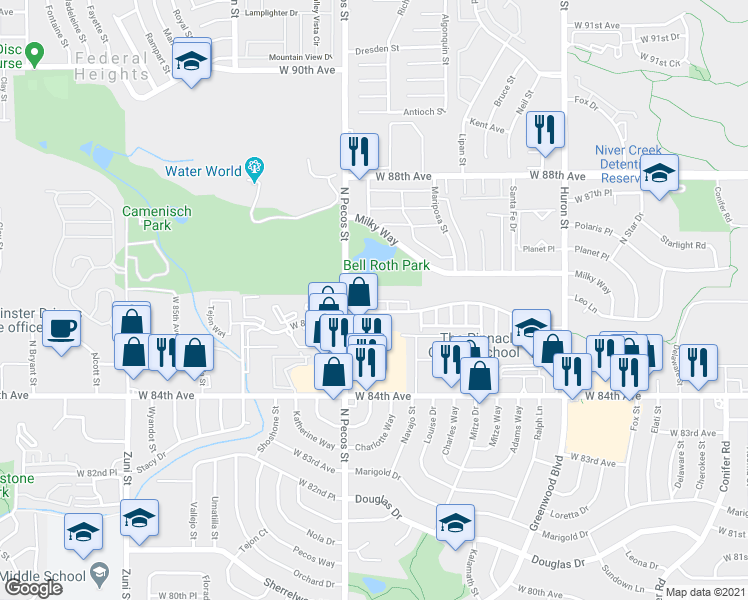 map of restaurants, bars, coffee shops, grocery stores, and more near 1401 West 85th Avenue in Federal Heights