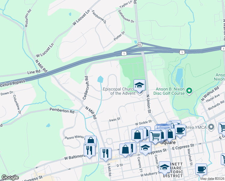 map of restaurants, bars, coffee shops, grocery stores, and more near 115 Davenport Road in Kennett Square