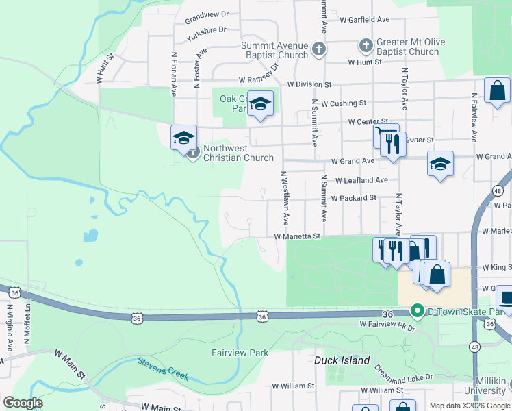 map of restaurants, bars, coffee shops, grocery stores, and more near 2163 West Packard Street in Decatur