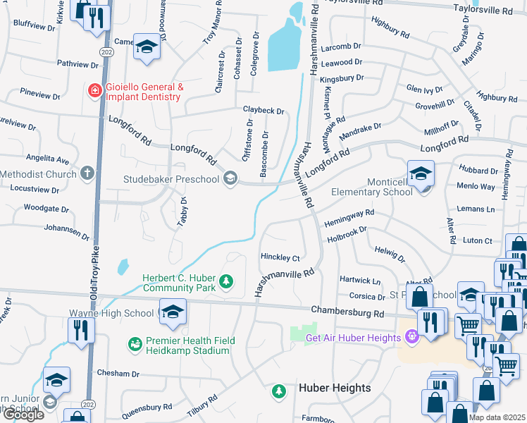 map of restaurants, bars, coffee shops, grocery stores, and more near 6729 Hubbard Drive in Huber Heights