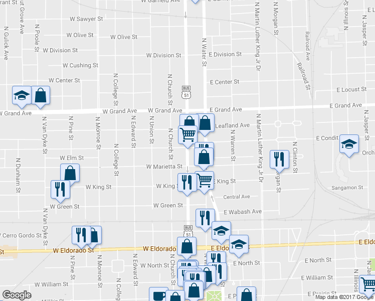 map of restaurants, bars, coffee shops, grocery stores, and more near 1080 North Main Street in Decatur