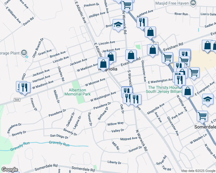 map of restaurants, bars, coffee shops, grocery stores, and more near 300 West Adams Avenue in Magnolia