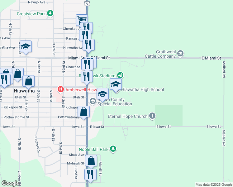 map of restaurants, bars, coffee shops, grocery stores, and more near 600 Red Hawk Drive in Hiawatha