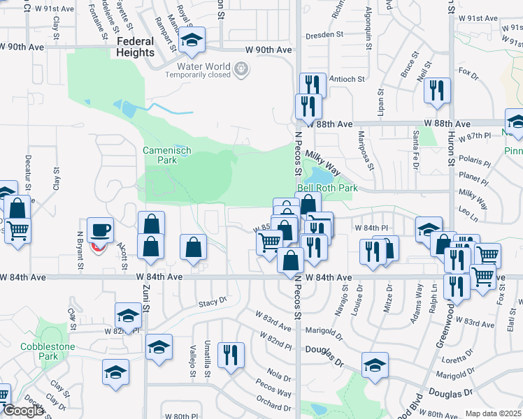 map of restaurants, bars, coffee shops, grocery stores, and more near 7005 West 85th Avenue in Denver