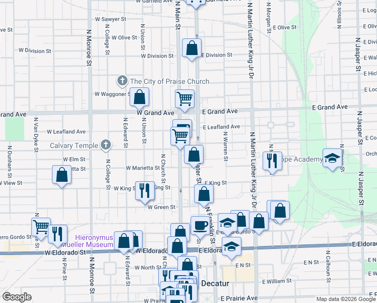 map of restaurants, bars, coffee shops, grocery stores, and more near 1080 North Main Street in Decatur