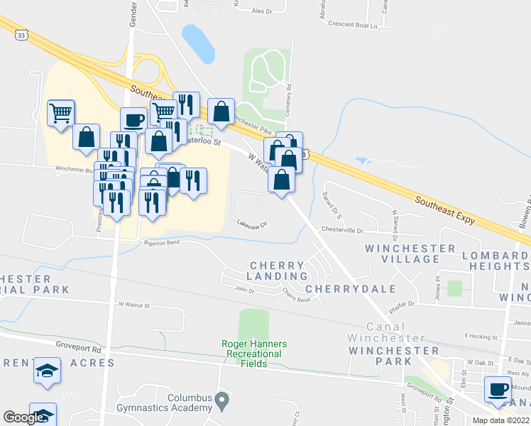 map of restaurants, bars, coffee shops, grocery stores, and more near 6346 Lakeview Circle in Canal Winchester