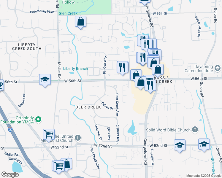 map of restaurants, bars, coffee shops, grocery stores, and more near 5047 Deer Creek Place in Indianapolis