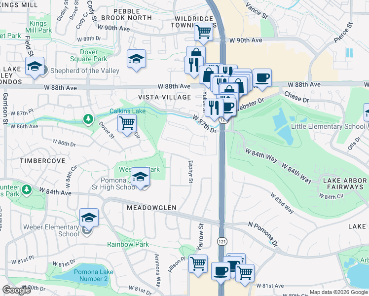 map of restaurants, bars, coffee shops, grocery stores, and more near 8478 Zephyr Street in Arvada
