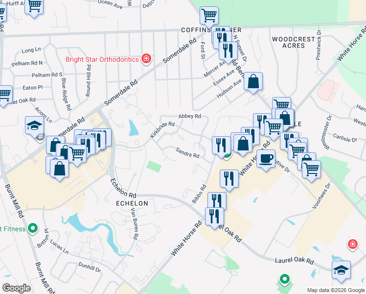 map of restaurants, bars, coffee shops, grocery stores, and more near 89 Sandra Road in Voorhees Township