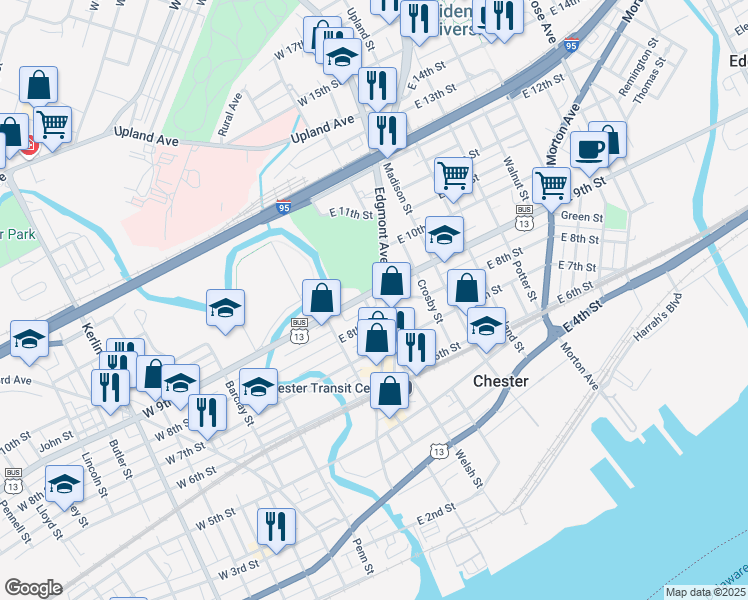 map of restaurants, bars, coffee shops, grocery stores, and more near 812-818 Welsh Street in Chester