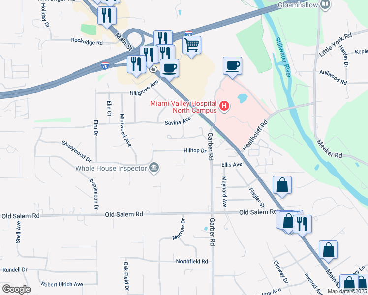 map of restaurants, bars, coffee shops, grocery stores, and more near 201 Hilltop Drive in Dayton