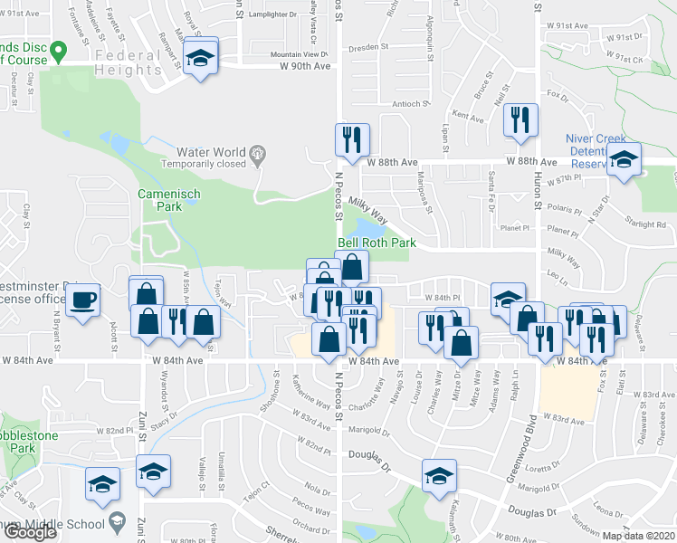 map of restaurants, bars, coffee shops, grocery stores, and more near Pecos St in Denver