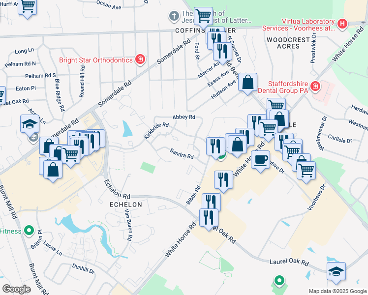 map of restaurants, bars, coffee shops, grocery stores, and more near 89 Sandra Road in Voorhees Township