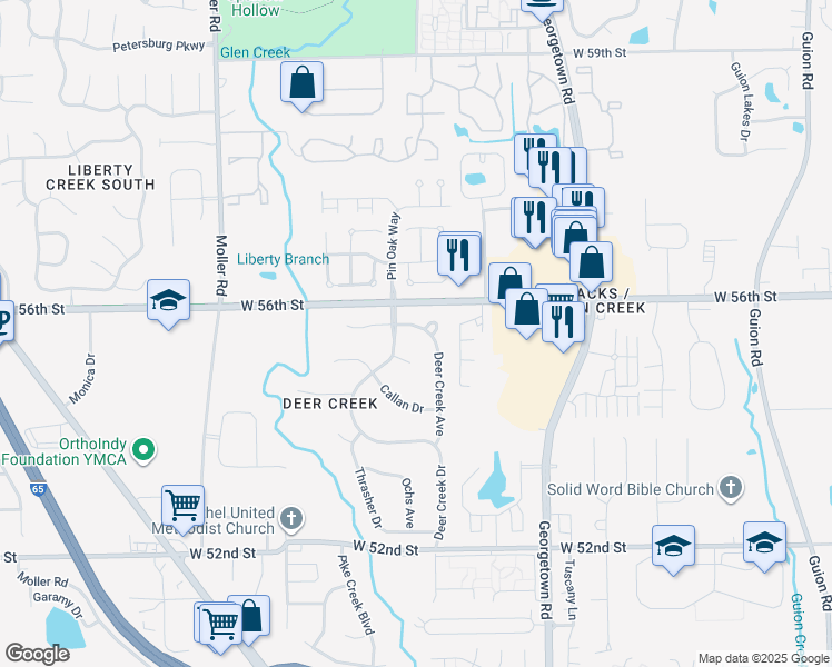 map of restaurants, bars, coffee shops, grocery stores, and more near 5047 Deer Creek Place in Indianapolis