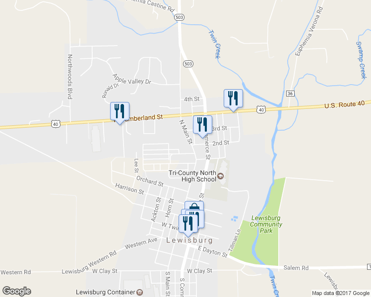 map of restaurants, bars, coffee shops, grocery stores, and more near 801 North Main Street in Lewisburg