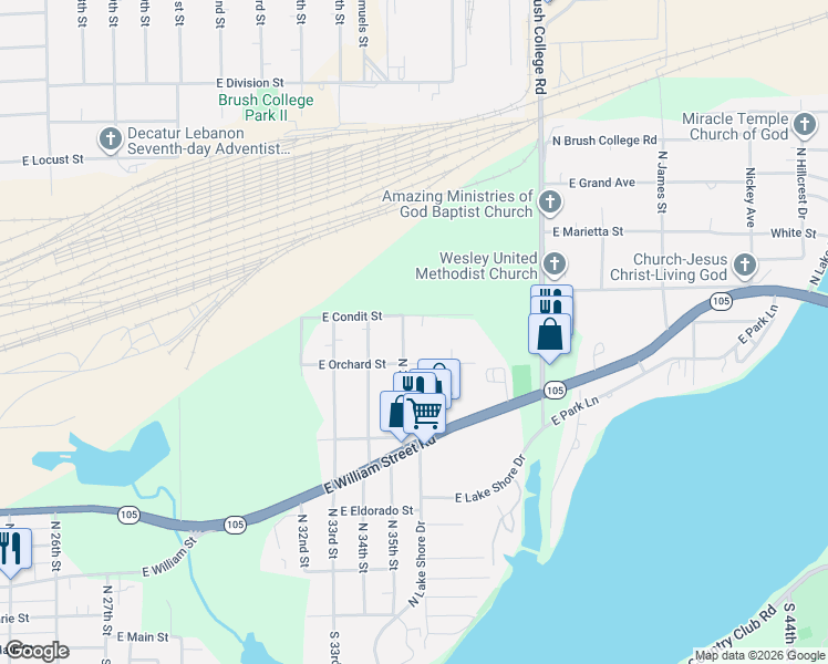 map of restaurants, bars, coffee shops, grocery stores, and more near 1001-1099 N 35th St in Decatur