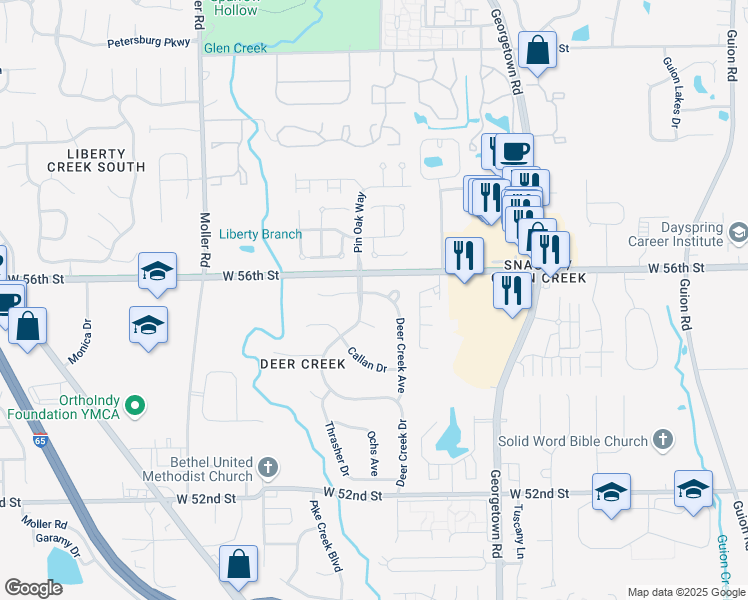 map of restaurants, bars, coffee shops, grocery stores, and more near 5047 Deer Creek Place in Indianapolis