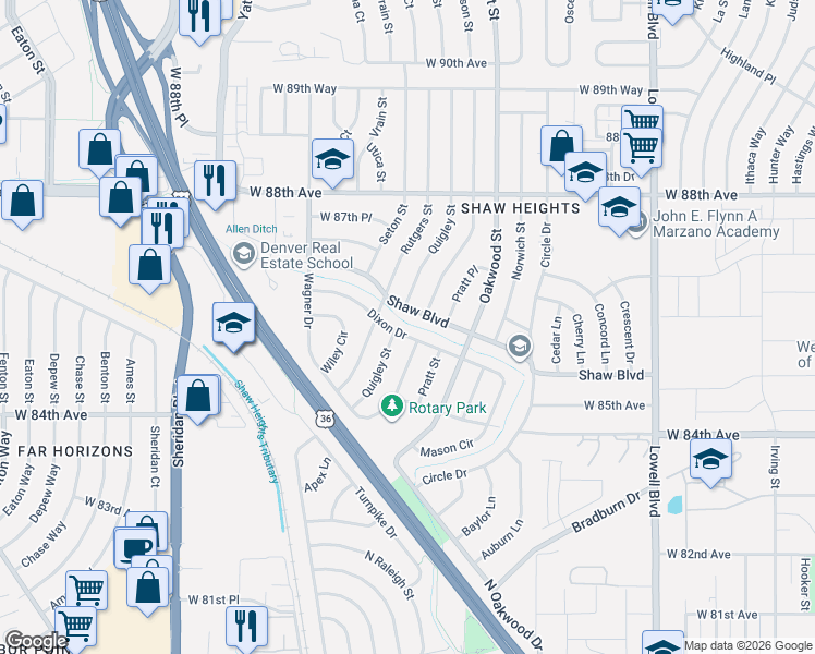 map of restaurants, bars, coffee shops, grocery stores, and more near 4341 Dixon Drive in Westminster