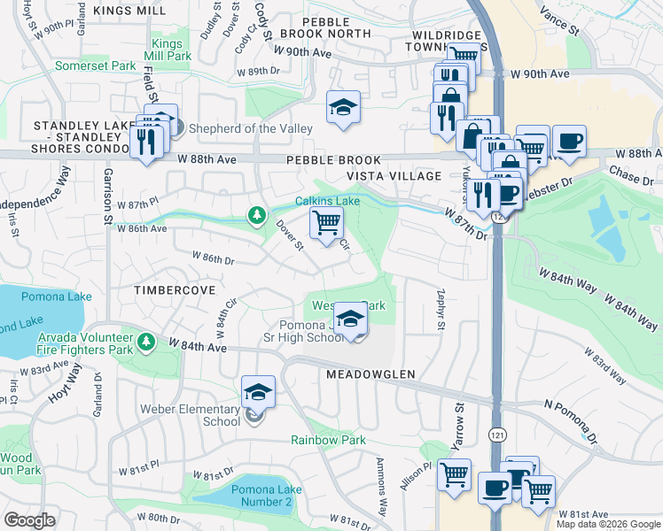 map of restaurants, bars, coffee shops, grocery stores, and more near 8577 Cody Court in Arvada