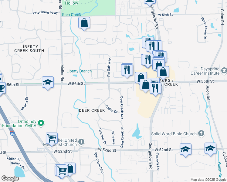 map of restaurants, bars, coffee shops, grocery stores, and more near 5047 Deer Creek Place in Indianapolis