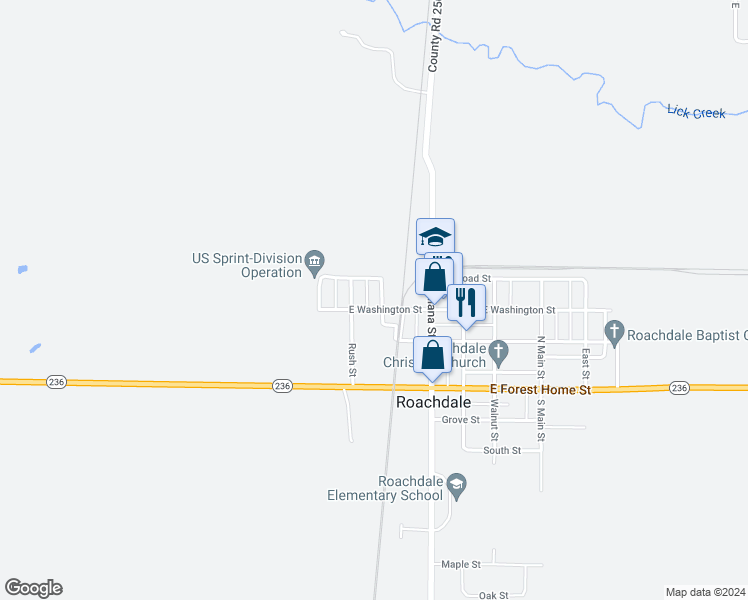 map of restaurants, bars, coffee shops, grocery stores, and more near 100-110 W Washington St in Roachdale