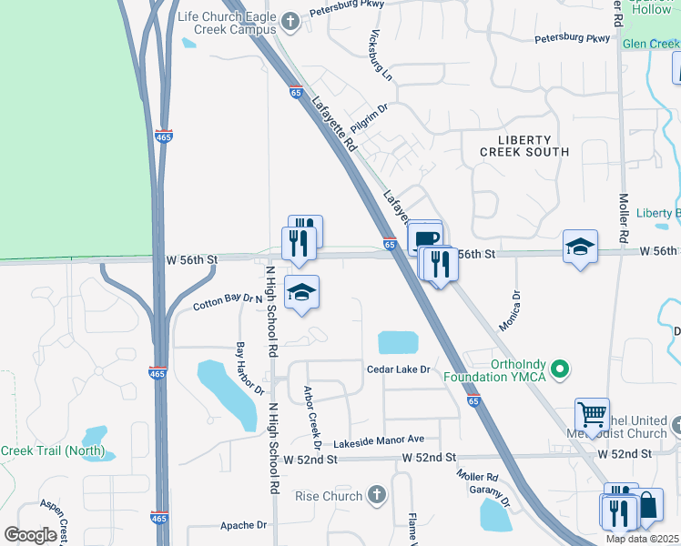 map of restaurants, bars, coffee shops, grocery stores, and more near 6047 West 56th Street in Indianapolis