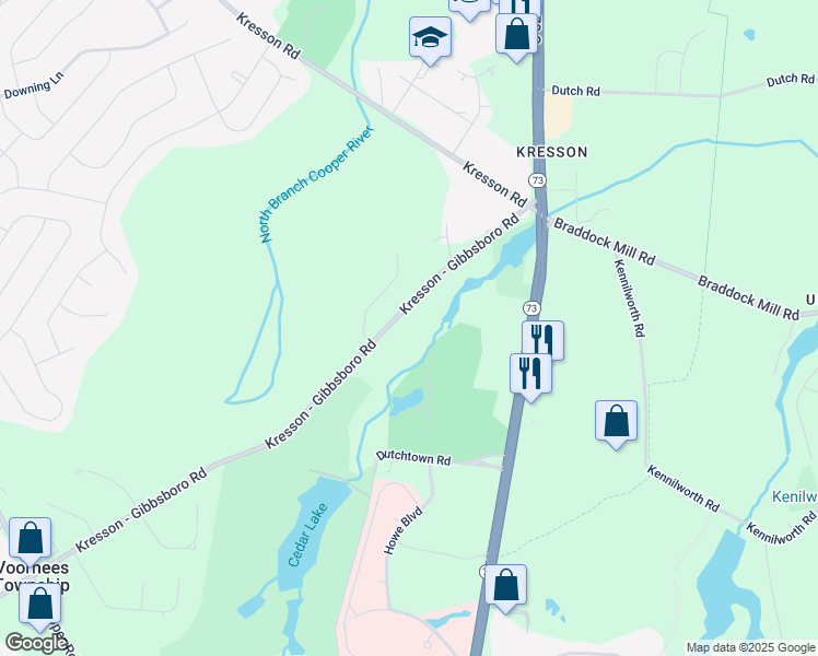 map of restaurants, bars, coffee shops, grocery stores, and more near 308 Kresson Gibbsboro Road in Voorhees Township