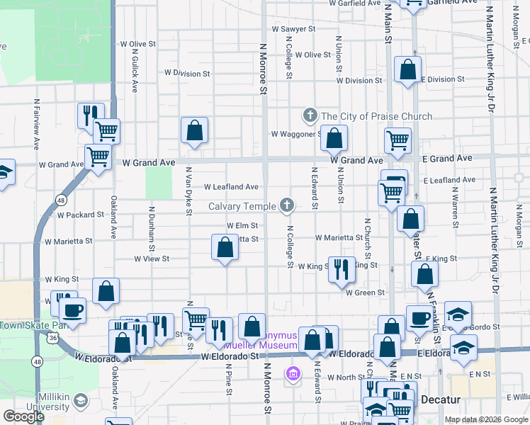 map of restaurants, bars, coffee shops, grocery stores, and more near 601 West Packard Street in Decatur