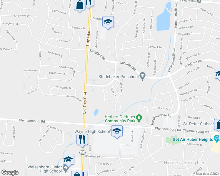 map of restaurants, bars, coffee shops, grocery stores, and more near 6809 Tiger Drive in Dayton