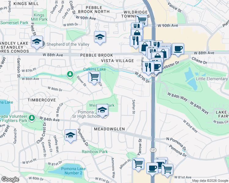 map of restaurants, bars, coffee shops, grocery stores, and more near 8496 Zephyr Street in Arvada
