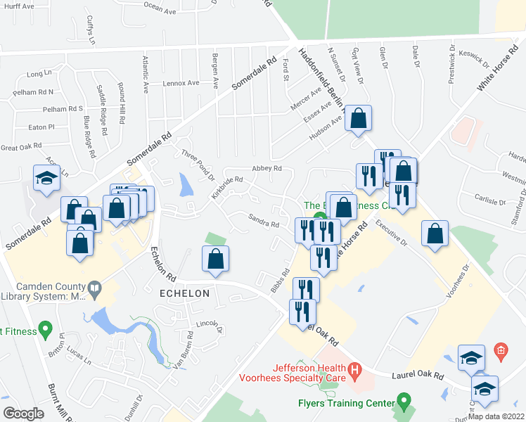 map of restaurants, bars, coffee shops, grocery stores, and more near 1215 Roberts Way in Voorhees Township