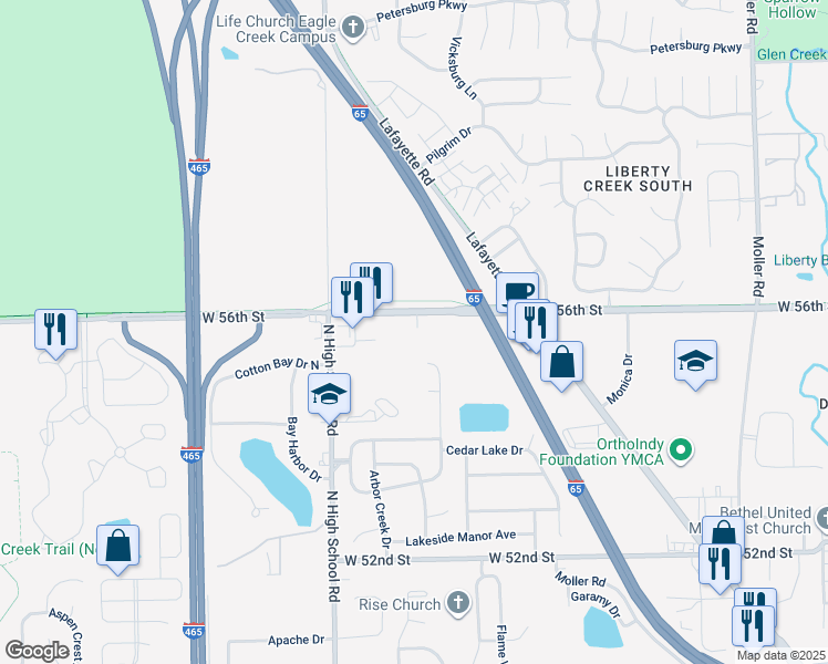 map of restaurants, bars, coffee shops, grocery stores, and more near 6047 West 56th Street in Indianapolis
