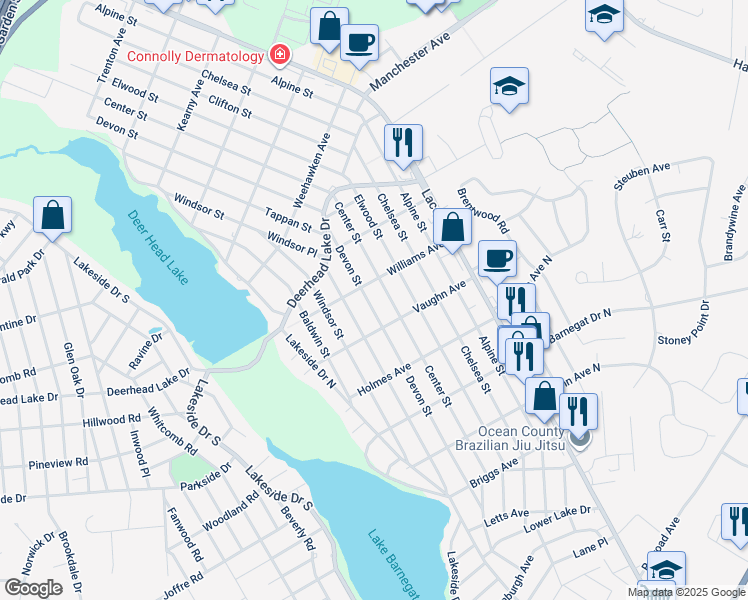 map of restaurants, bars, coffee shops, grocery stores, and more near 612 Devon Street in Lacey Township