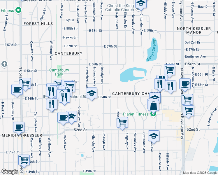 map of restaurants, bars, coffee shops, grocery stores, and more near 5423 Primrose Avenue in Indianapolis