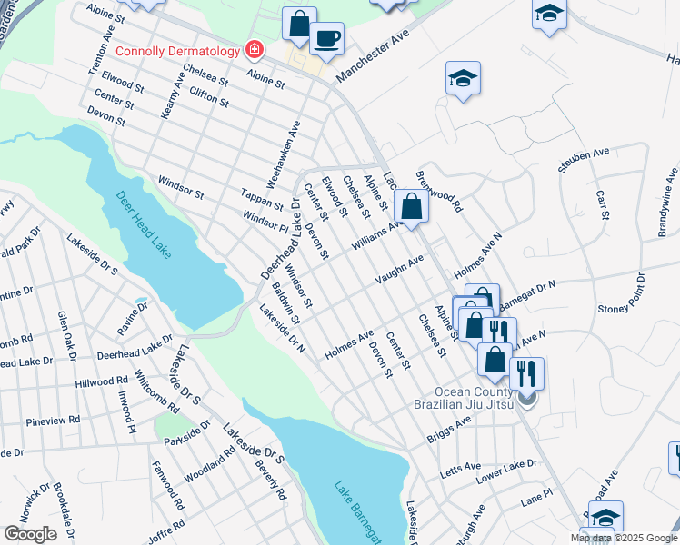 map of restaurants, bars, coffee shops, grocery stores, and more near 612 Devon Street in Lacey Township