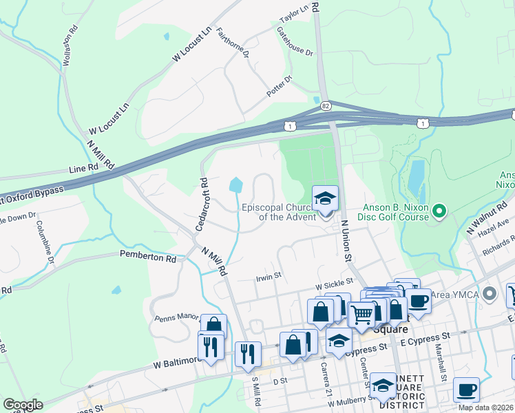 map of restaurants, bars, coffee shops, grocery stores, and more near 115 Davenport Road in Kennett Square