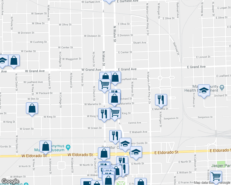 map of restaurants, bars, coffee shops, grocery stores, and more near 199 East Packard Street in Decatur