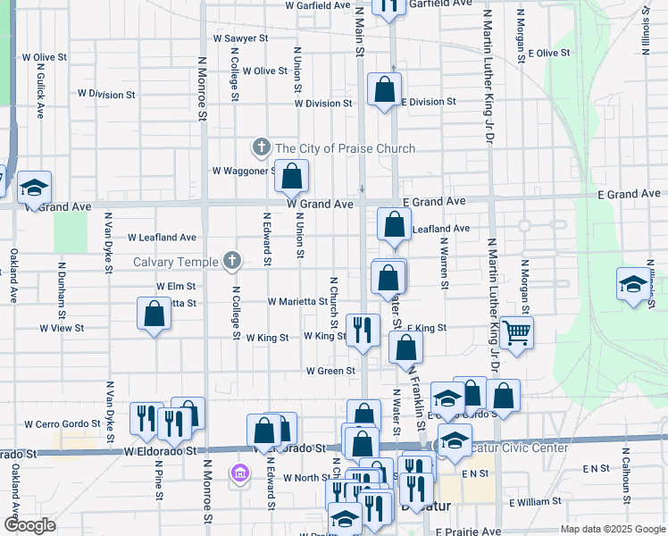 map of restaurants, bars, coffee shops, grocery stores, and more near 1100 North Church Street in Decatur
