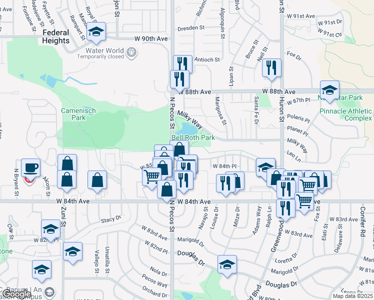 map of restaurants, bars, coffee shops, grocery stores, and more near 1401 West 85th Avenue in Federal Heights