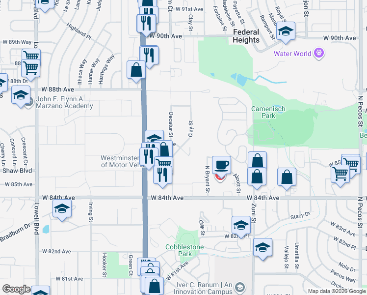 map of restaurants, bars, coffee shops, grocery stores, and more near 2730 West 86th Avenue in Westminster
