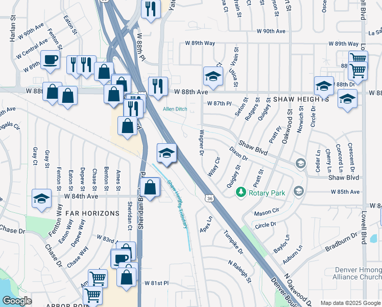 map of restaurants, bars, coffee shops, grocery stores, and more near 8620 Wolff Court in Westminster