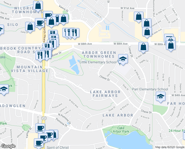 map of restaurants, bars, coffee shops, grocery stores, and more near 8647 Chase Drive in Arvada