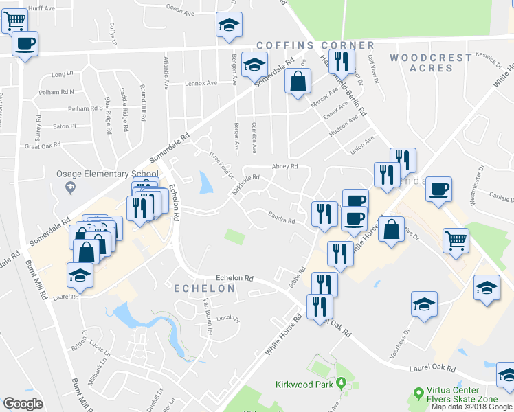 map of restaurants, bars, coffee shops, grocery stores, and more near 16 Sandra Road in Voorhees Township
