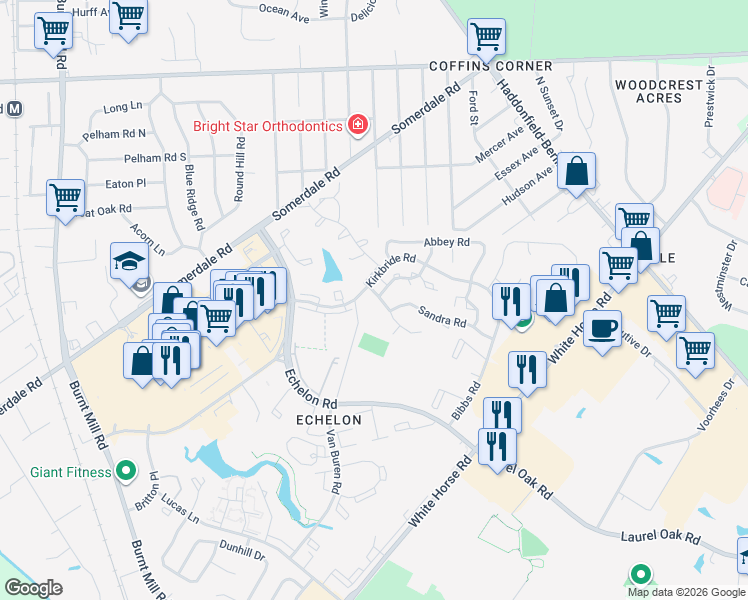 map of restaurants, bars, coffee shops, grocery stores, and more near 139 Kirkbride Road in Voorhees Township