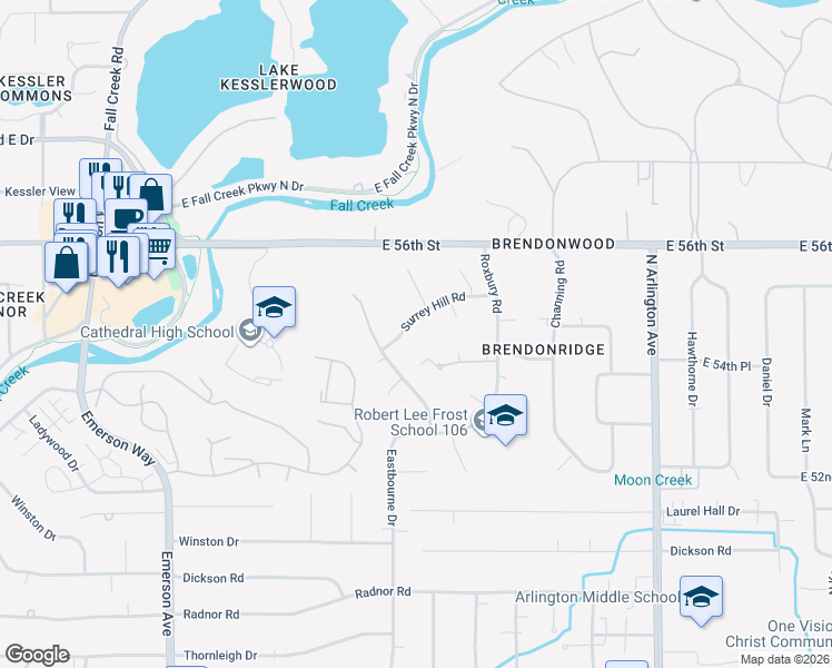 map of restaurants, bars, coffee shops, grocery stores, and more near 5501 Surrey Hill Road in Indianapolis